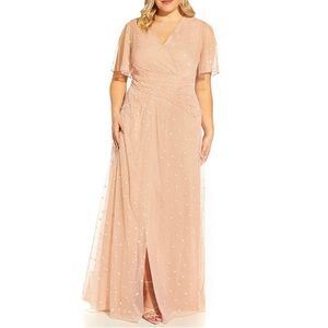 Adrianna Papell Metallic Clip Dot Short Flutter Sleeve V-Neck Draped Gown